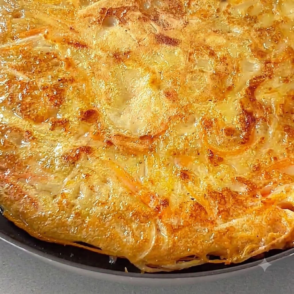 A perfectly golden-brown, crispy potato pancake sizzling in a pan after being flipped.