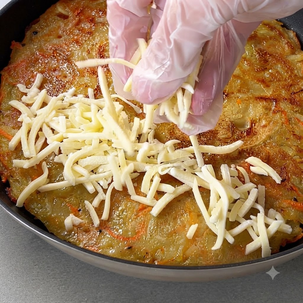 A gloved hand sprinkling shredded mozzarella cheese over a golden potato pancake in a pan.
