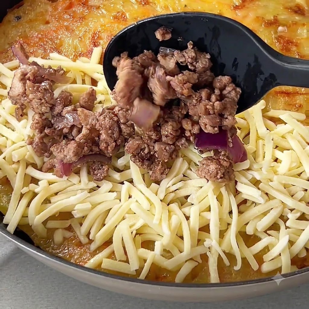 A black spoon distributing cooked minced beef and red onions over shredded cheese on a potato base.