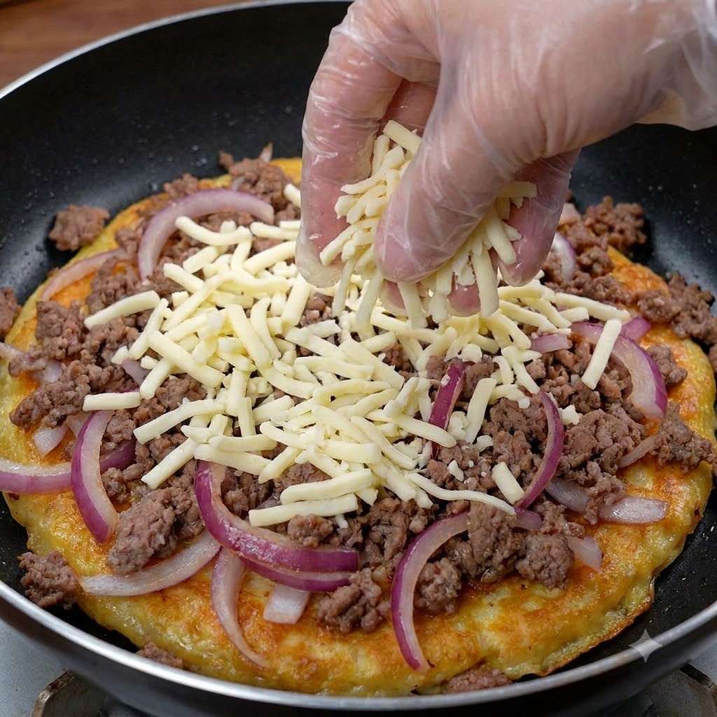 A gloved hand sprinkling a thick layer of shredded cheese over a beef and onion mixture in a pan.