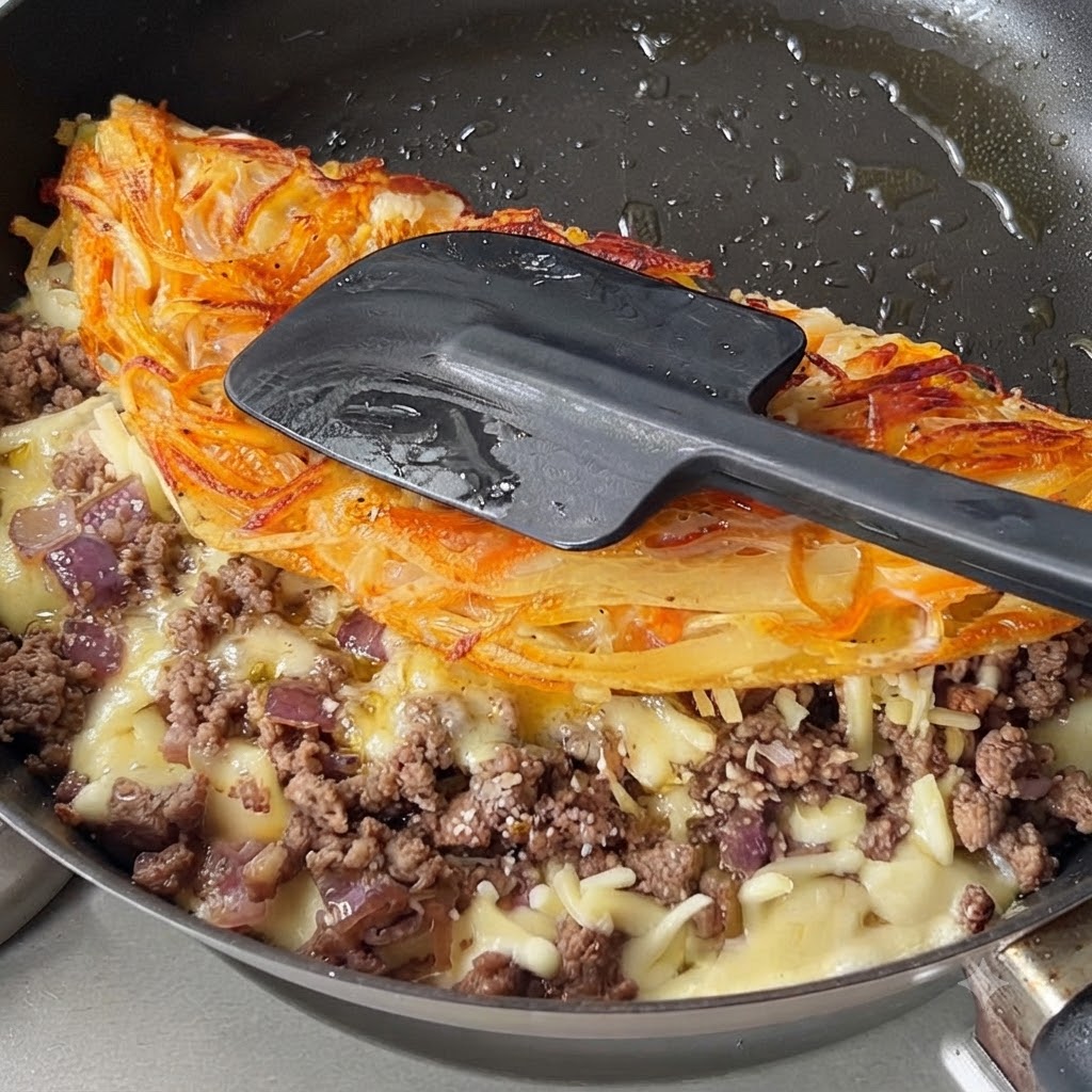 A black spatula pressing down on a folded, golden-brown crispy potato pancake filled with beef and melted cheese.