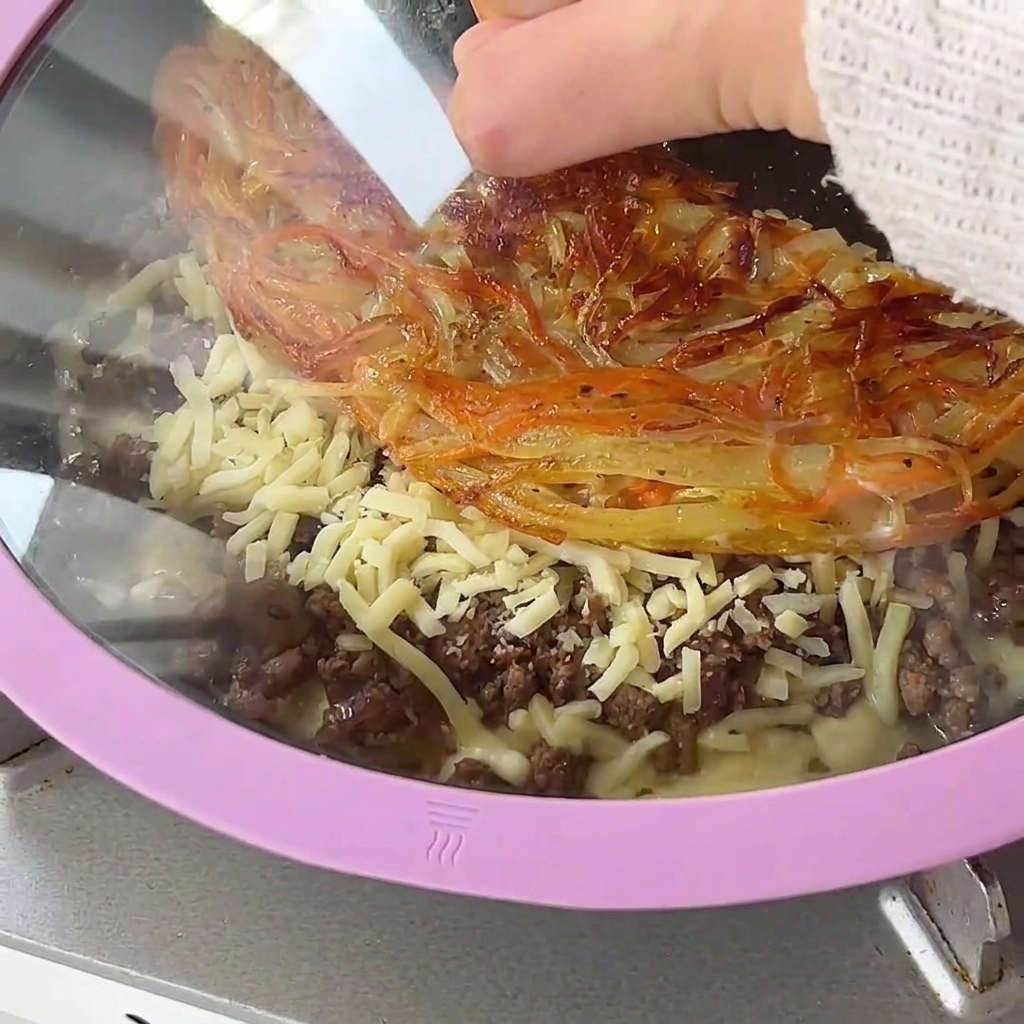 A glass lid being placed over a pan filled with crispy potato crust, minced beef, and melting cheese.