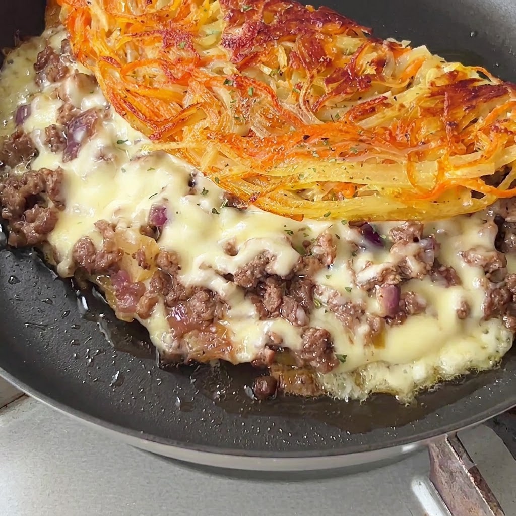 A fully cooked, folded crispy potato pancake in a pan, oozing with melted cheese and garnished with chopped parsley.