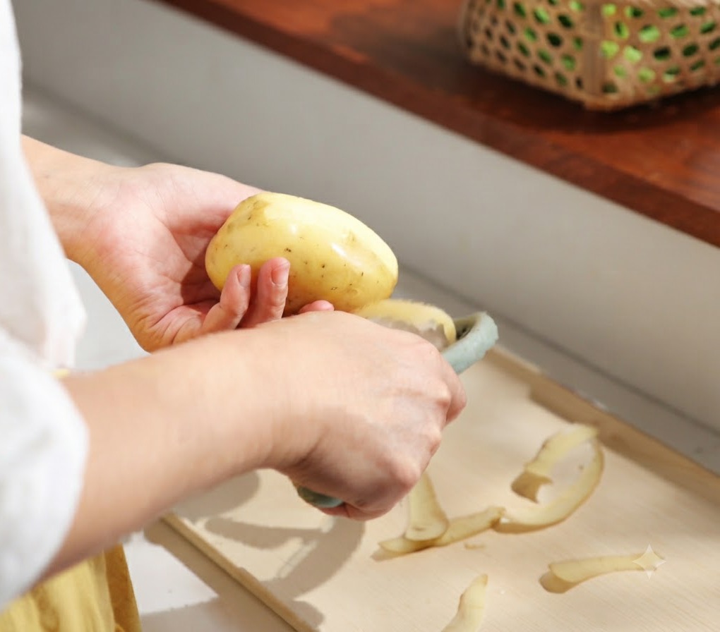 Hands peeling a fresh potato before chopping it into small chunks on a cutting board.