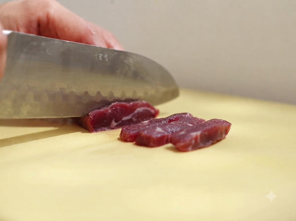 A sharp knife slicing a piece of raw beef into smaller strips on a yellow cutting board.