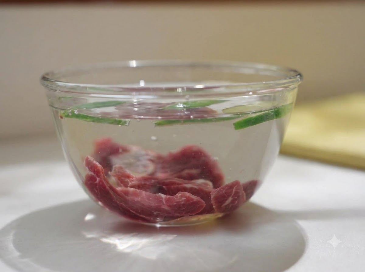Sliced raw beef soaking in a clear glass bowl of water with fresh ginger and green onion pieces.