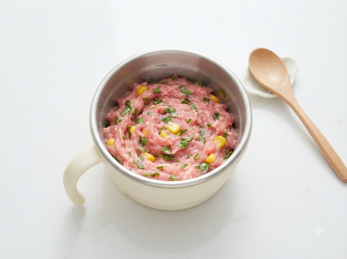 Corn kernels, chopped green vegetables, and white starch powder being added into the minced beef mixture in the cup.
