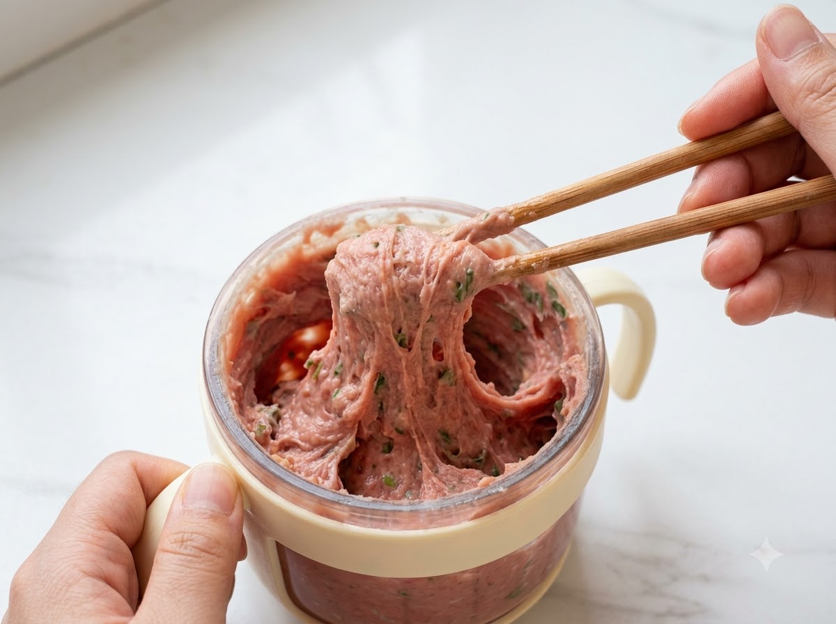 The meat mixture being thoroughly stirred and mixed together using wooden chopsticks.