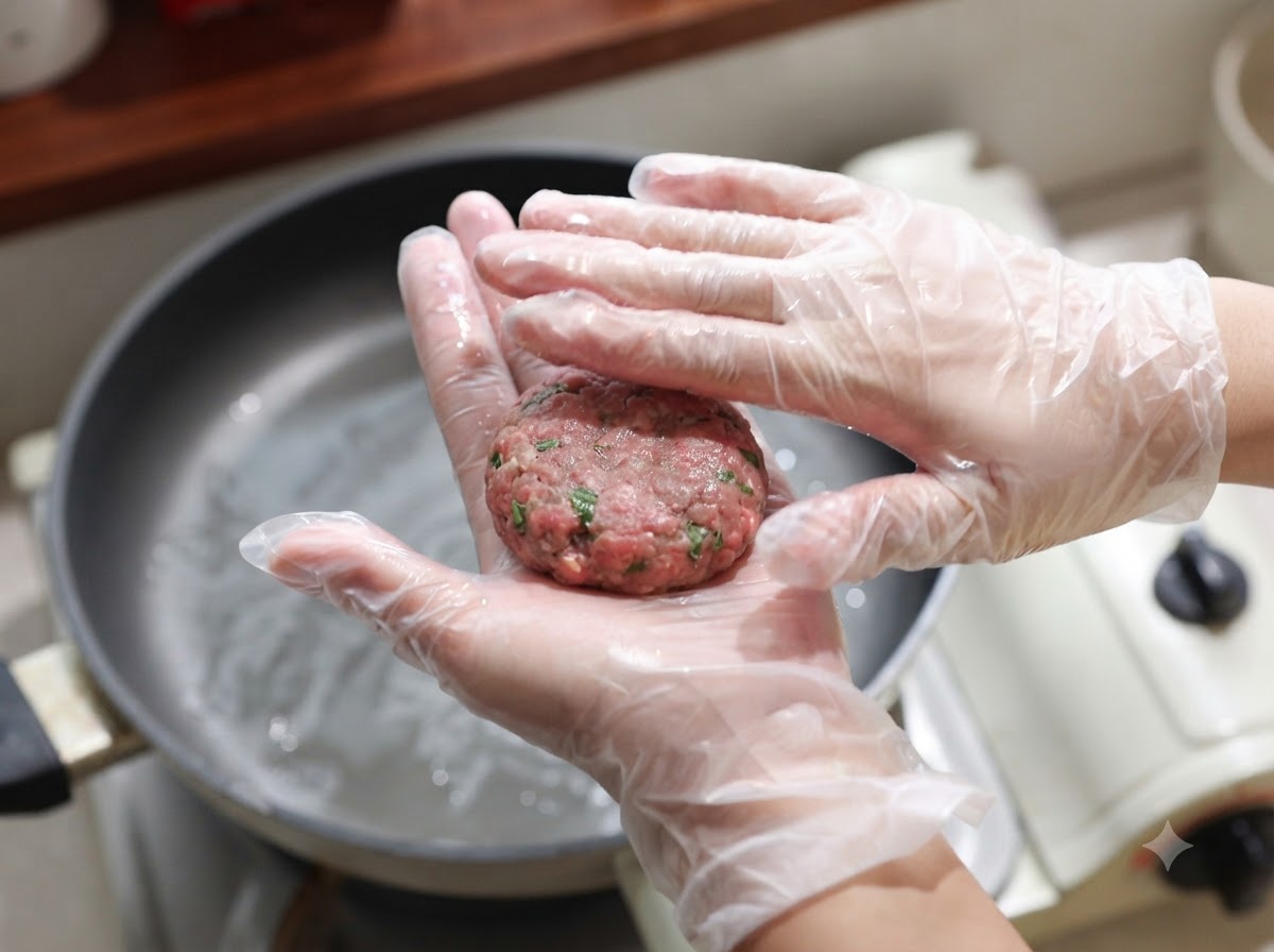 A portion of the meat mixture being shaped into a small round patty on a gloved hand.