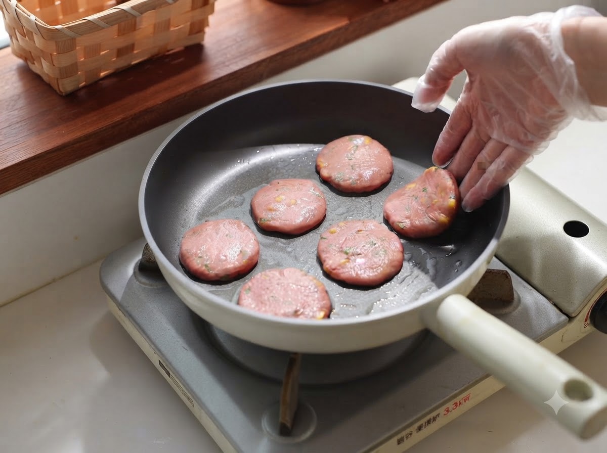 Small round patties being evenly placed into the heated frying pan.