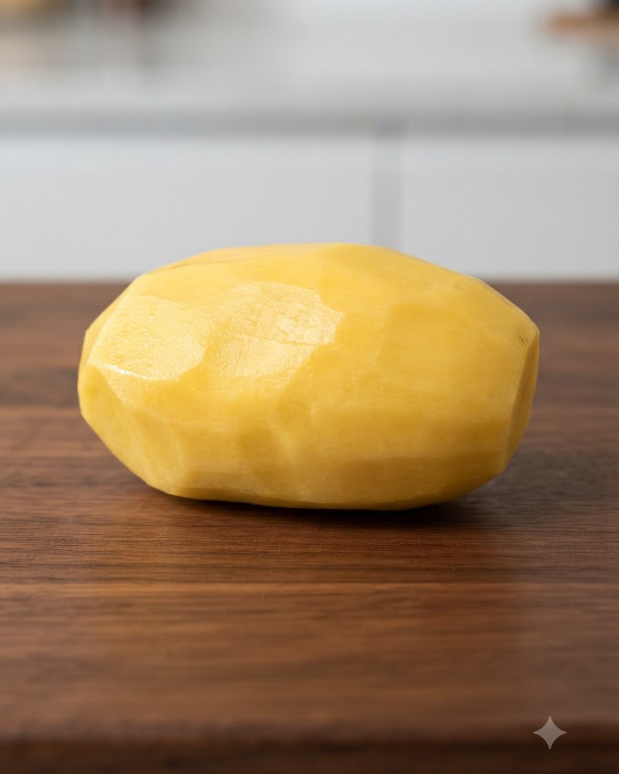 A peeled yellow potato being sliced into small cubes on a wooden cutting board with a knife.