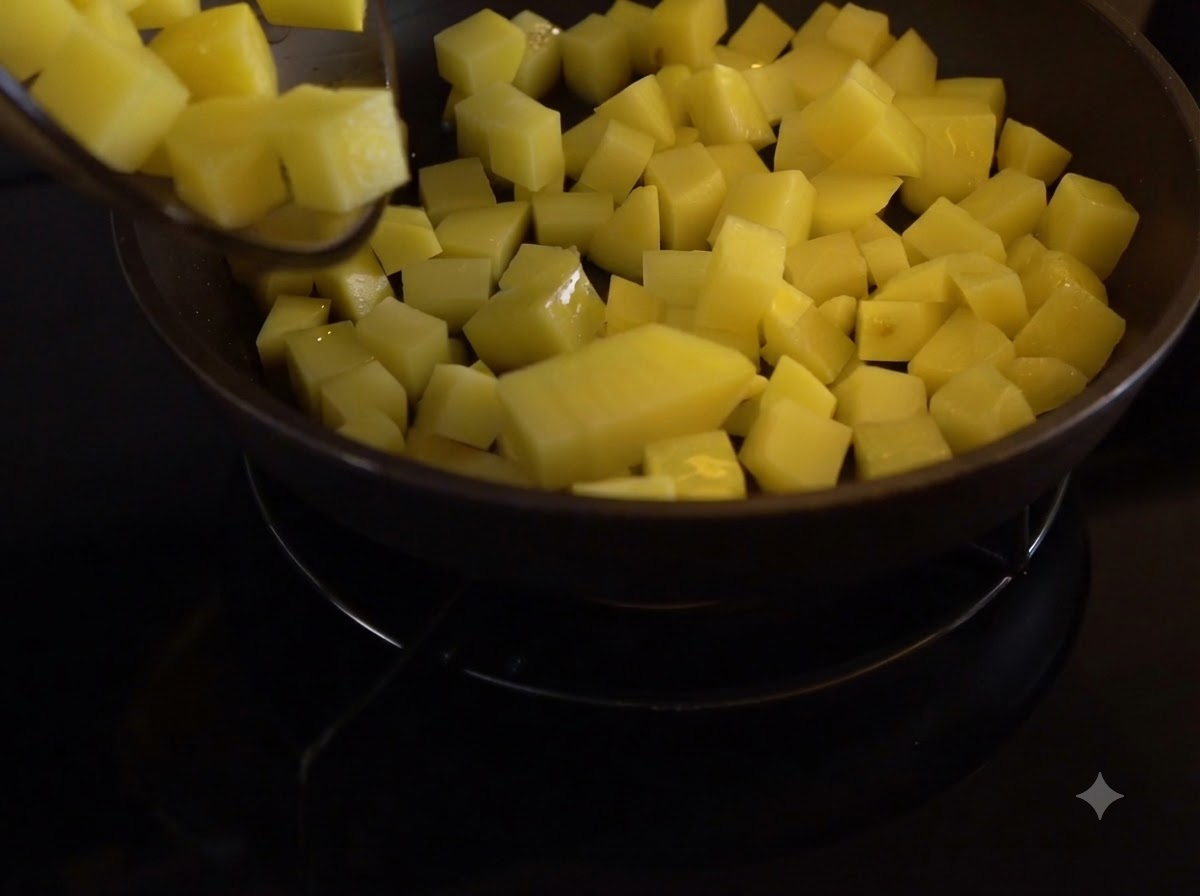 Diced potatoes cooking in a frying pan being stirred with a spatula.