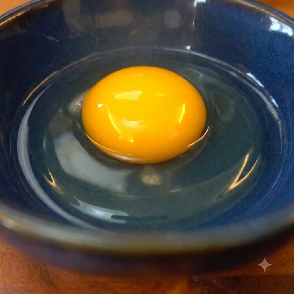A single raw egg yolk in a blue bowl before mixing.