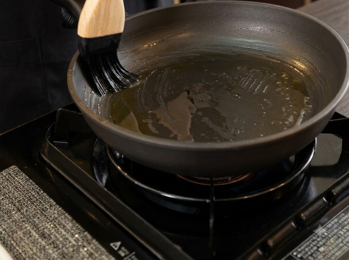 A cooking brush spreading oil inside a frying pan on a stove.