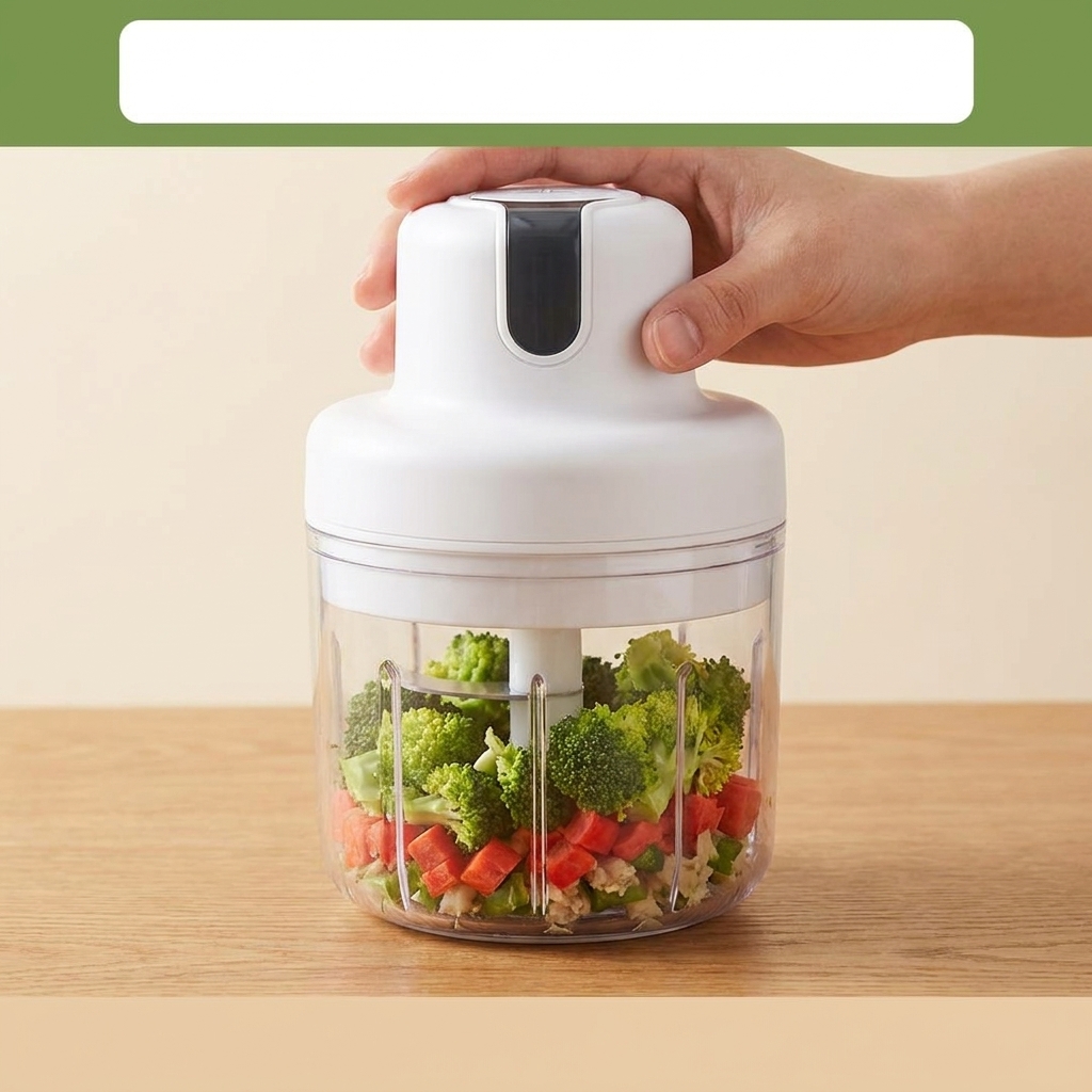 Starch and egg white being poured into a food processor containing chopped vegetables and meat.