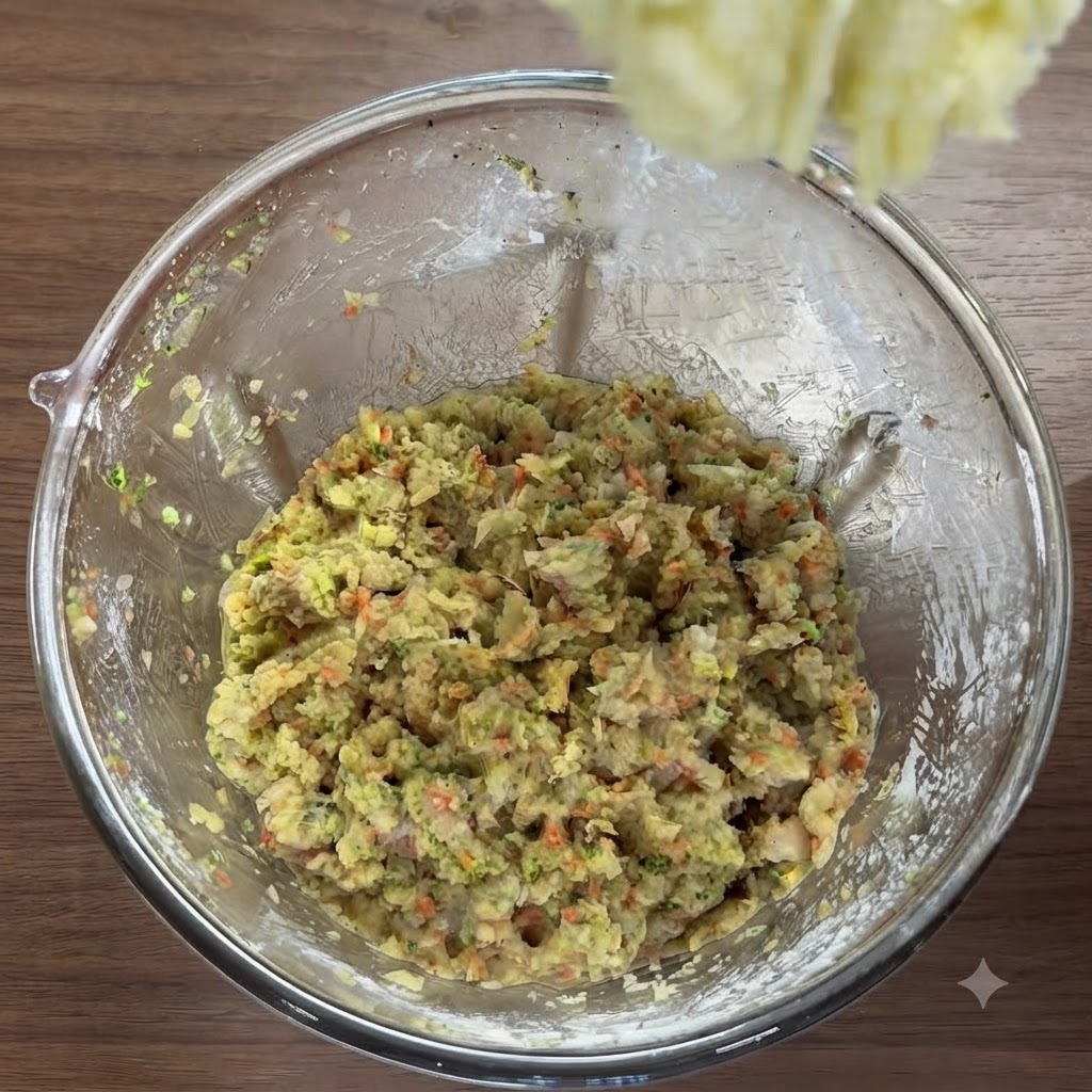 Mashed potatoes being added to a bowl of mixed chicken and vegetable ingredients, stirred with a fork.