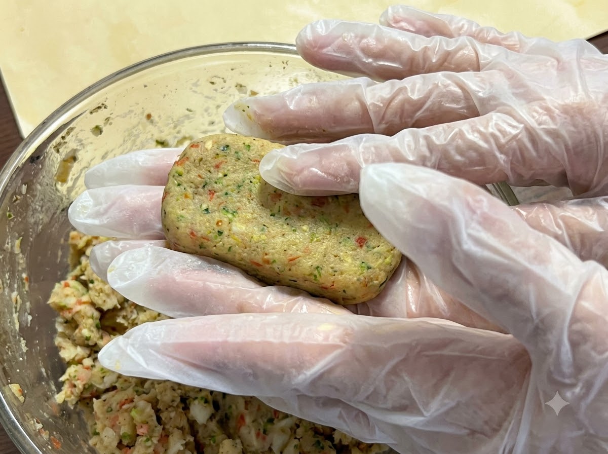 Gloved hands shaping a rectangular patty from the chicken and potato mixture.