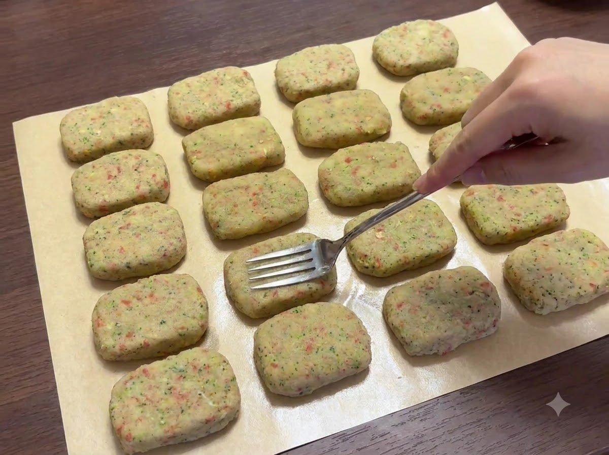 A fork pressing pattern lines onto multiple shaped patties arranged on parchment paper.
