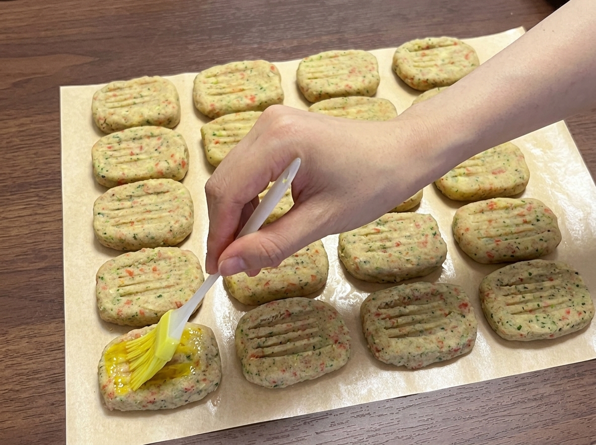 A small brush applying egg yolk onto shaped potato patties, garnished with sesame seeds.