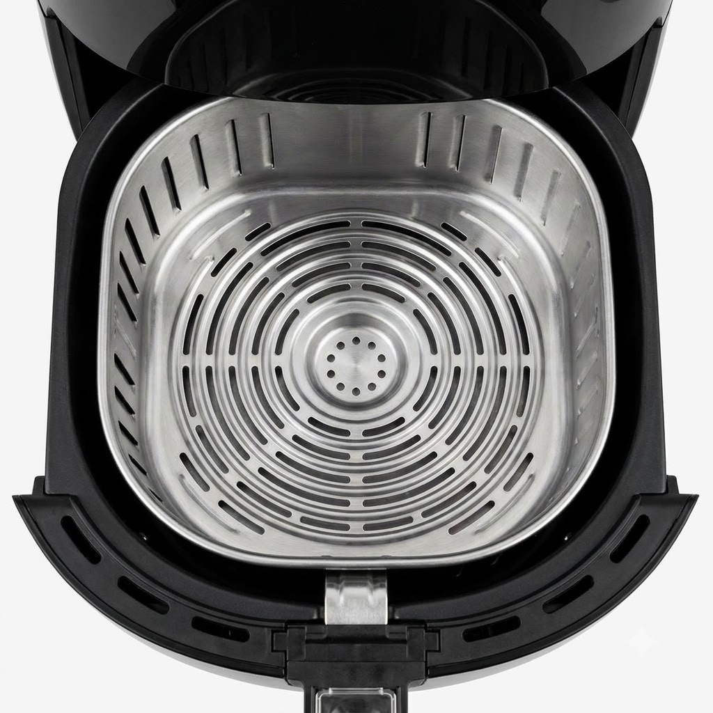 Shaped patties neatly arranged inside a metal air fryer basket.