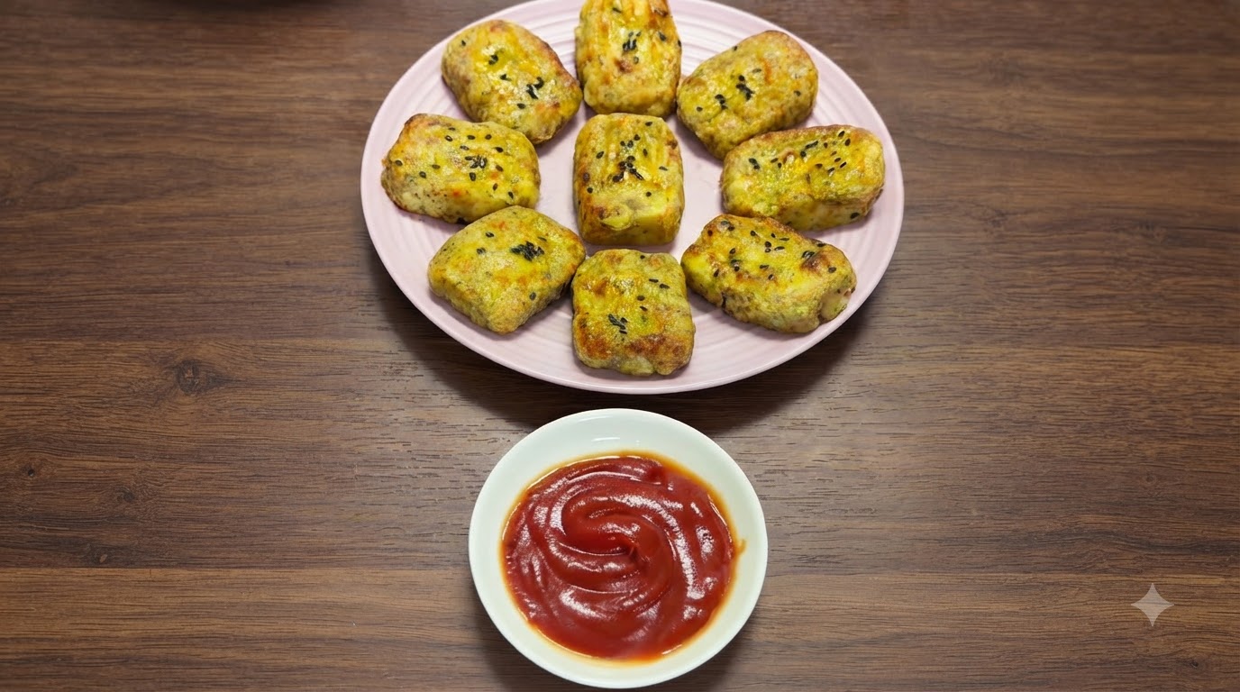 A plate of golden-brown oil-free chicken potato patties served with a side of ketchup