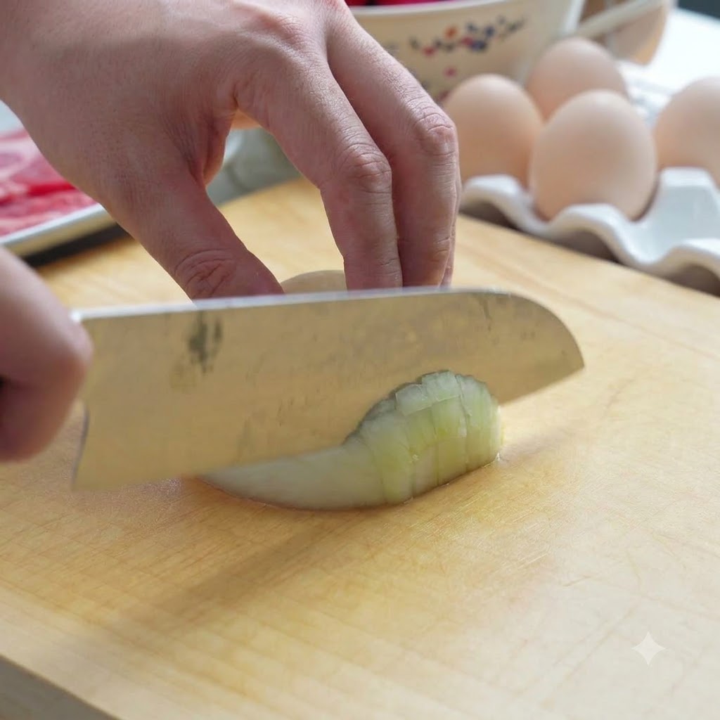 An onion being carefully diced into small cubes on a wooden cutting board using a sharp chefs knife.