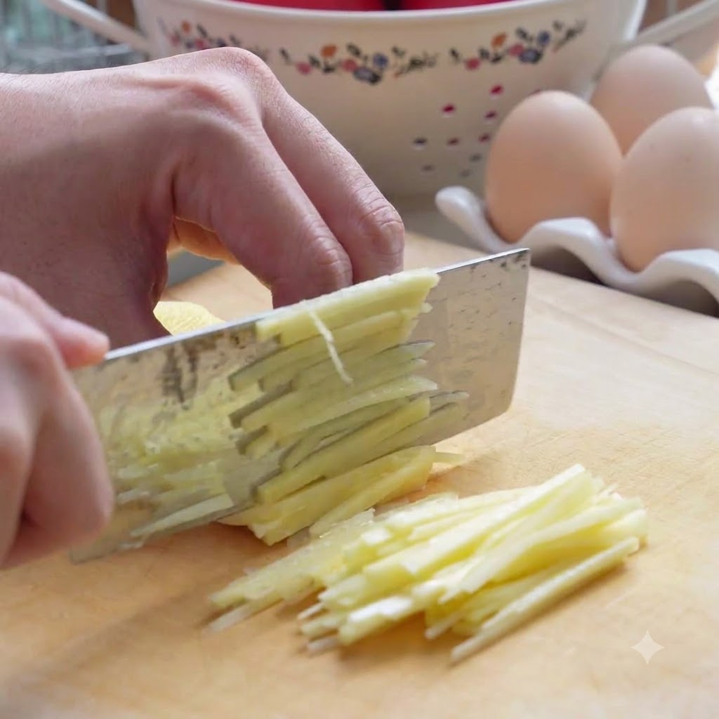 Potatoes and carrots being sliced into fine shreds using a kitchen knife on a wooden board.