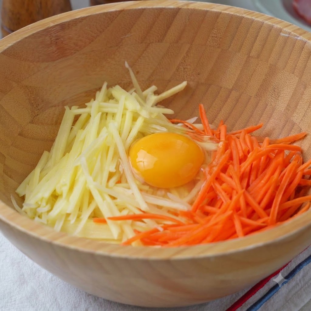 A wooden bowl filled with shredded potatoes, carrots, an egg, flour, salt, and pepper ready to be mixed.