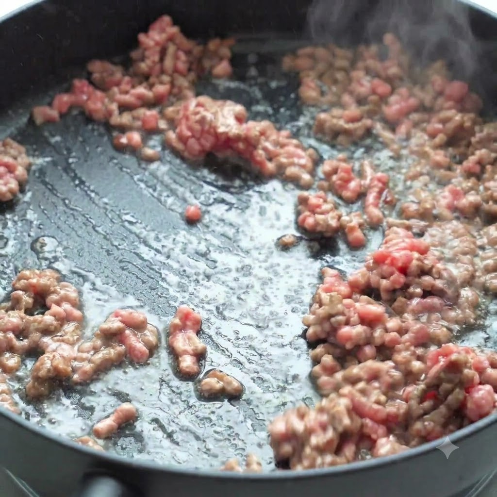 Ground beef being stir-fried in a pan with freshly added diced onions and tomatoes.