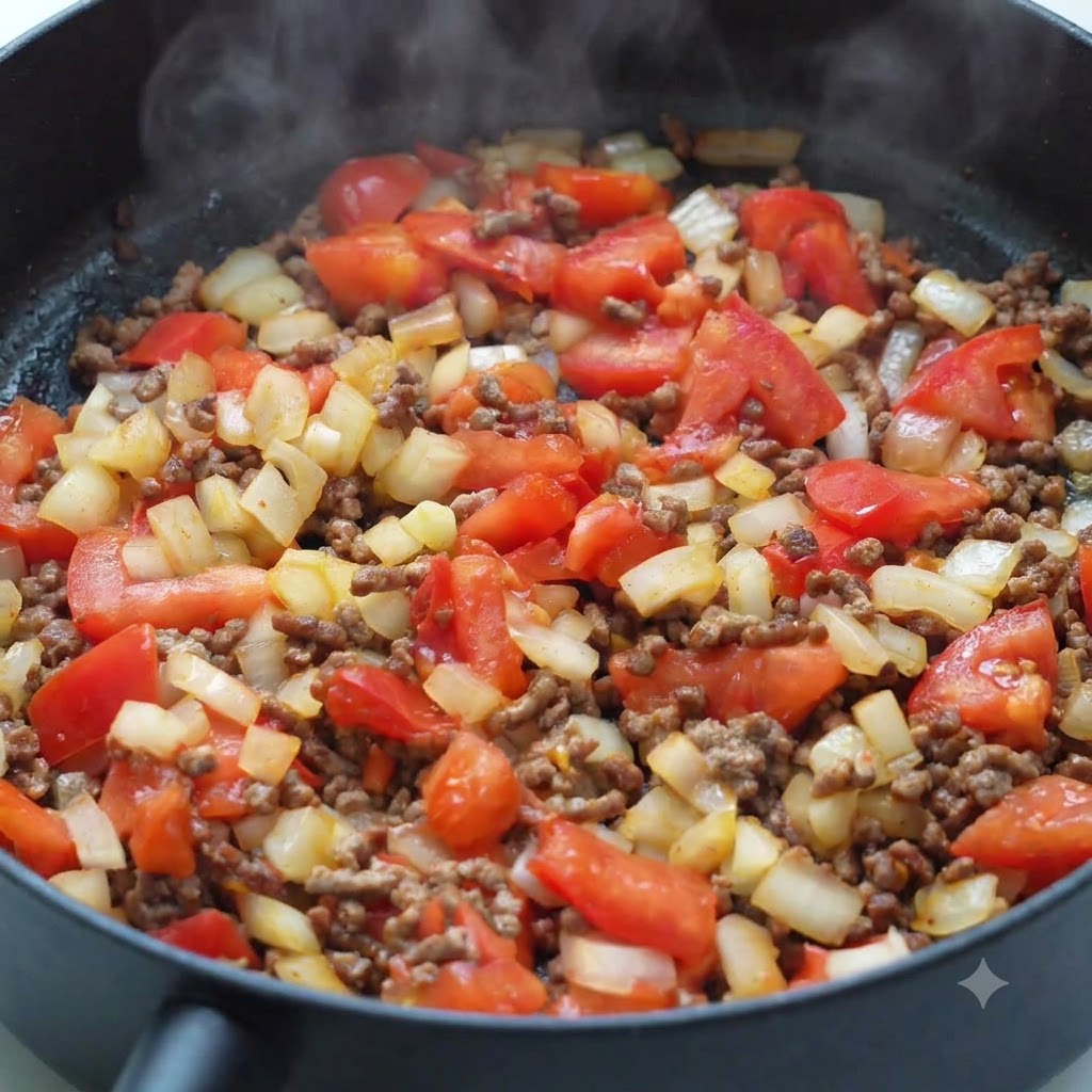 Meat and vegetable mixture being seasoned with spices and ketchup in a pan.