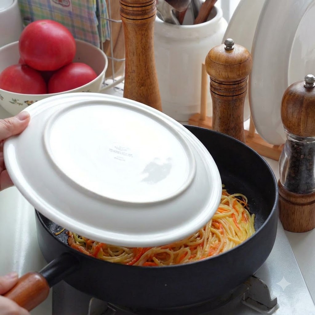 A white plate being used to flip a potato pancake inside a black frying pan.