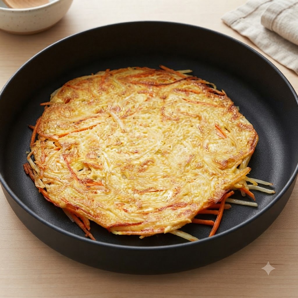 A cooked potato pancake resting in a black pan.