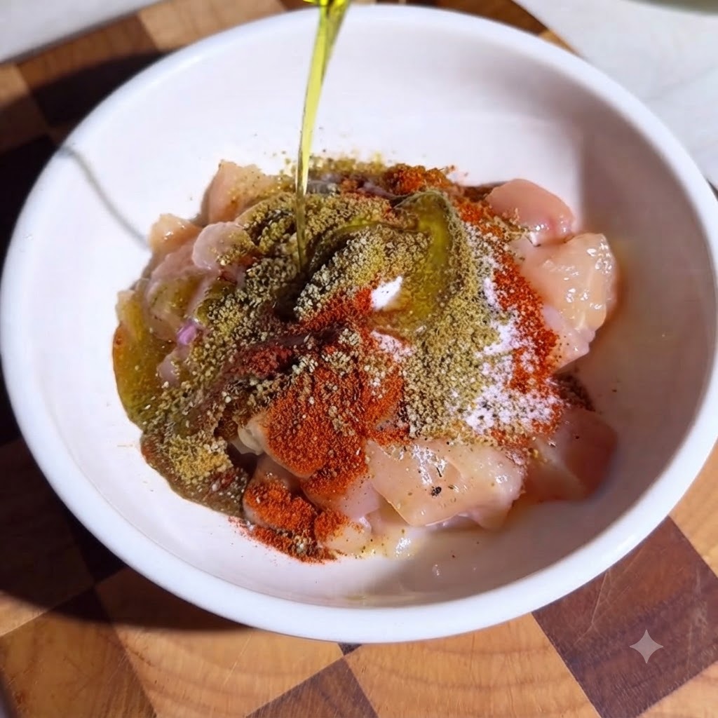 Hands wearing gloves mixing seasonings and chicken in a white bowl.