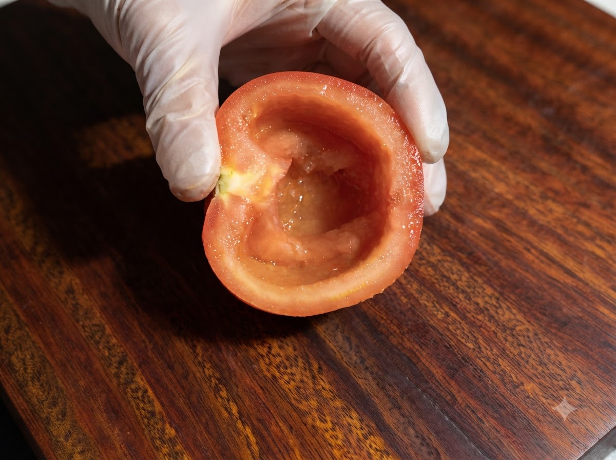 A cored tomato being prepared on a wooden cutting board alongside other vegetables.