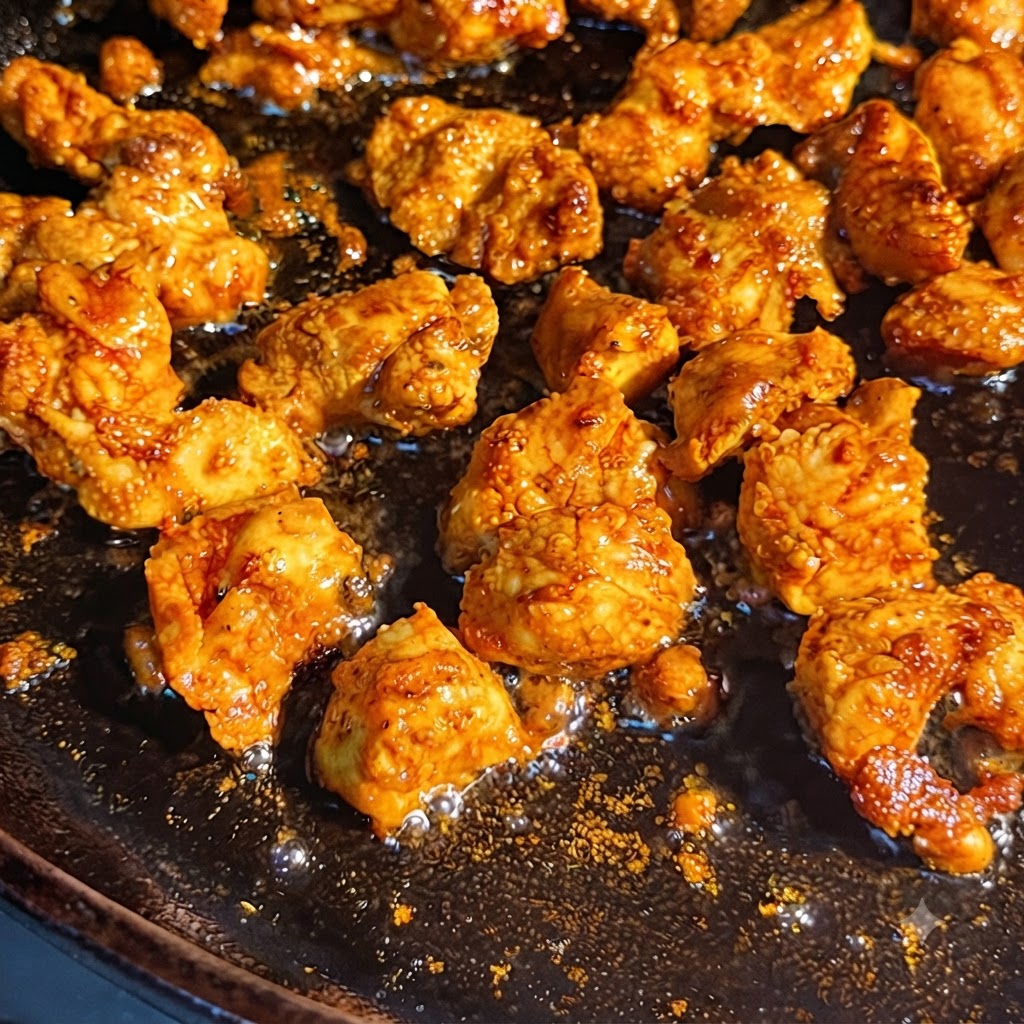 Chicken pieces sizzling and browning in a dark cooking pan.