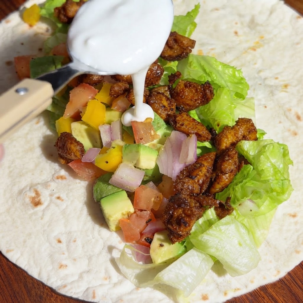 White unsweetened yogurt being poured from a spoon onto the layered chicken and vegetable filling.
