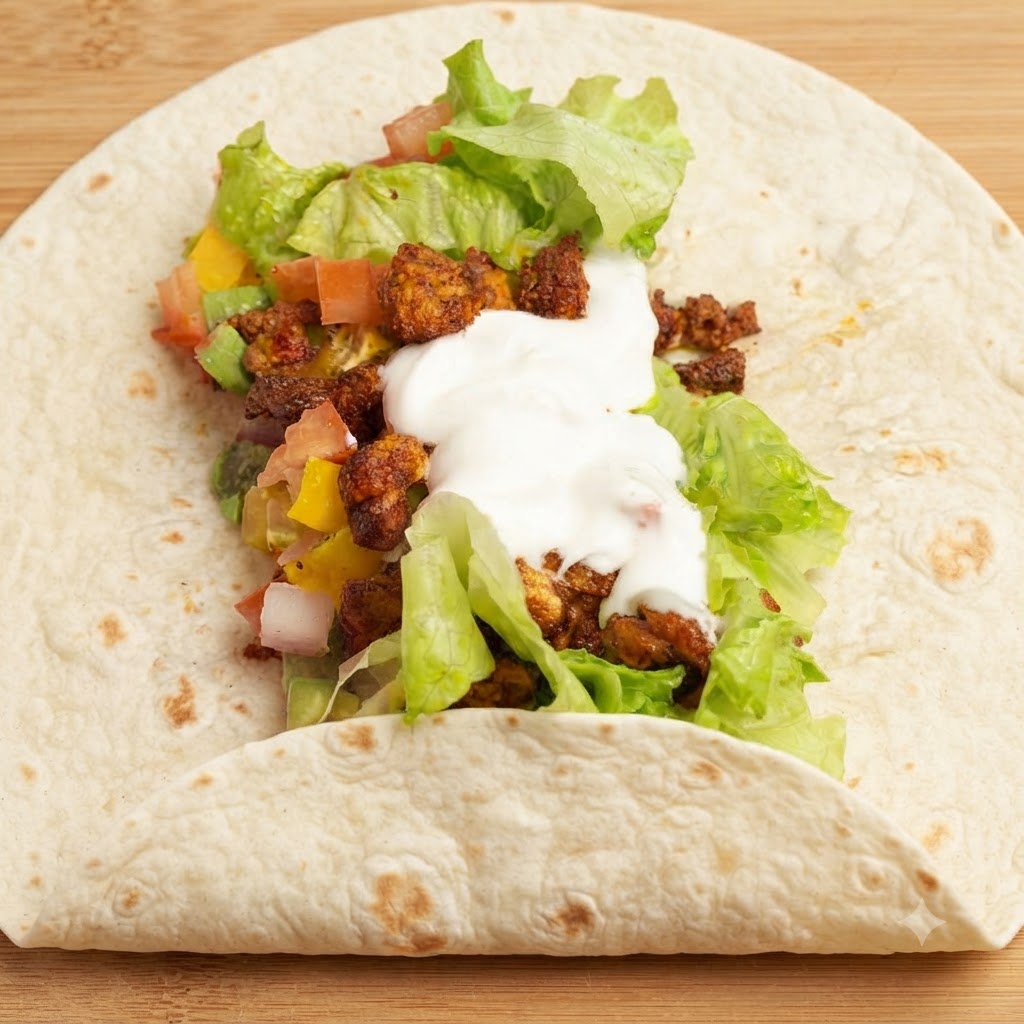 The bottom edge of the tortilla being folded upward over the layered filling ingredients.