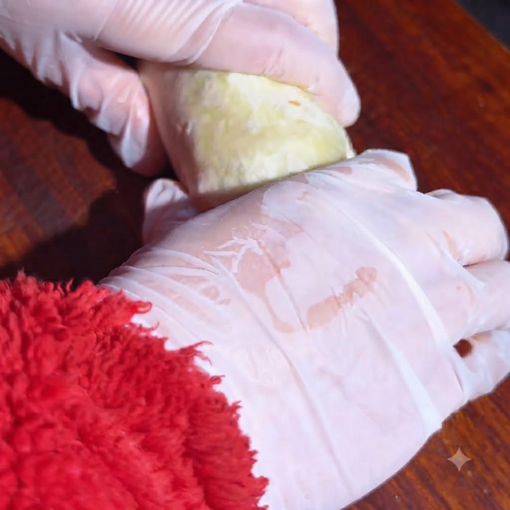 Hands wearing protective gloves gently shaping and holding a rolled wrap.