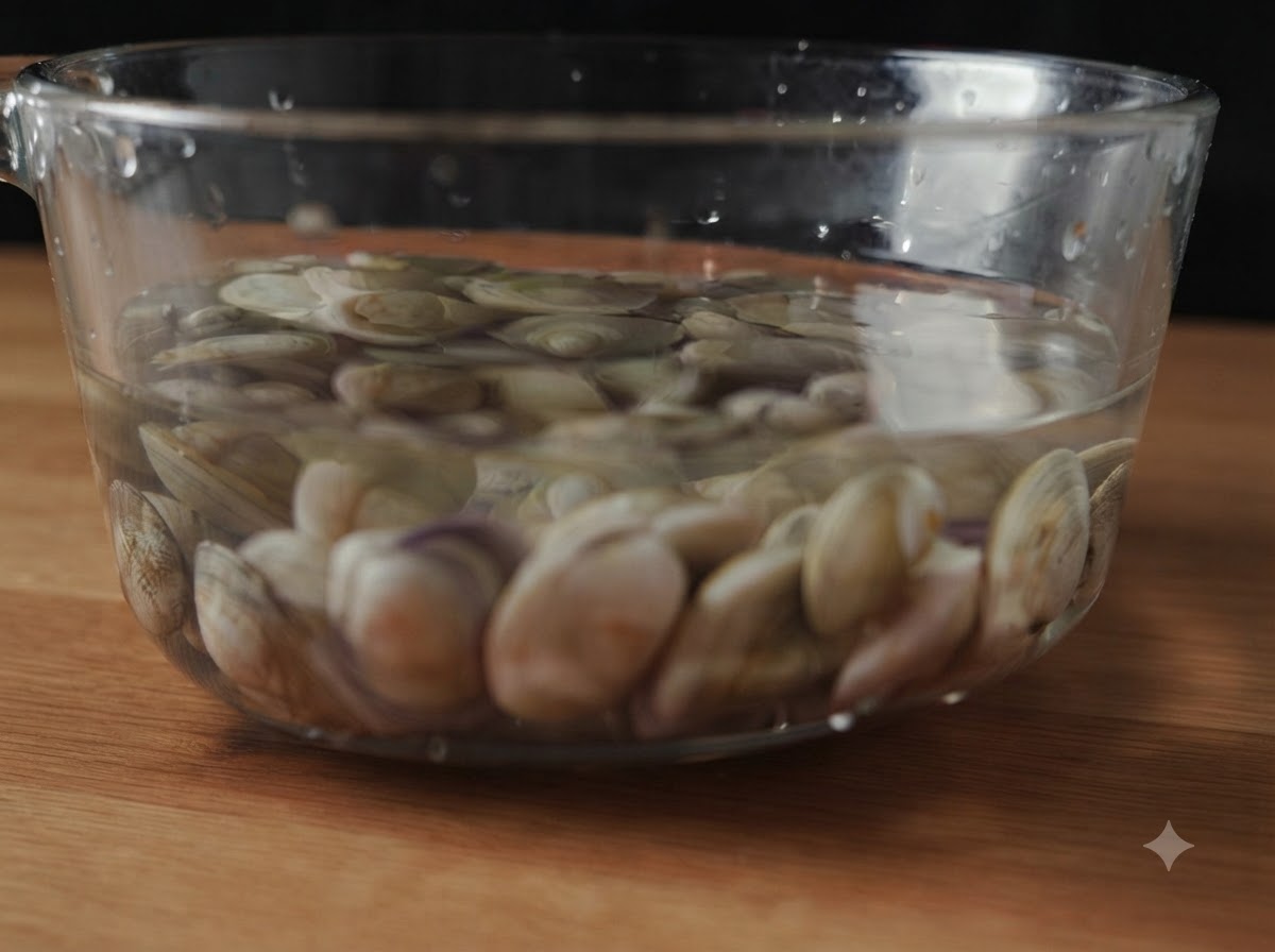 Fresh clams soaking in a clear glass bowl filled with water on a wooden surface.