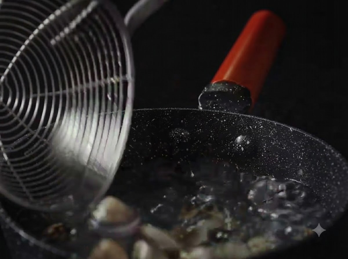 A strainer scooping cooked clams out of a boiling pot of water.
