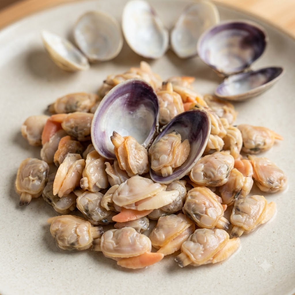 Cooked clam meat piled on a ceramic plate with empty shells arranged at the top.