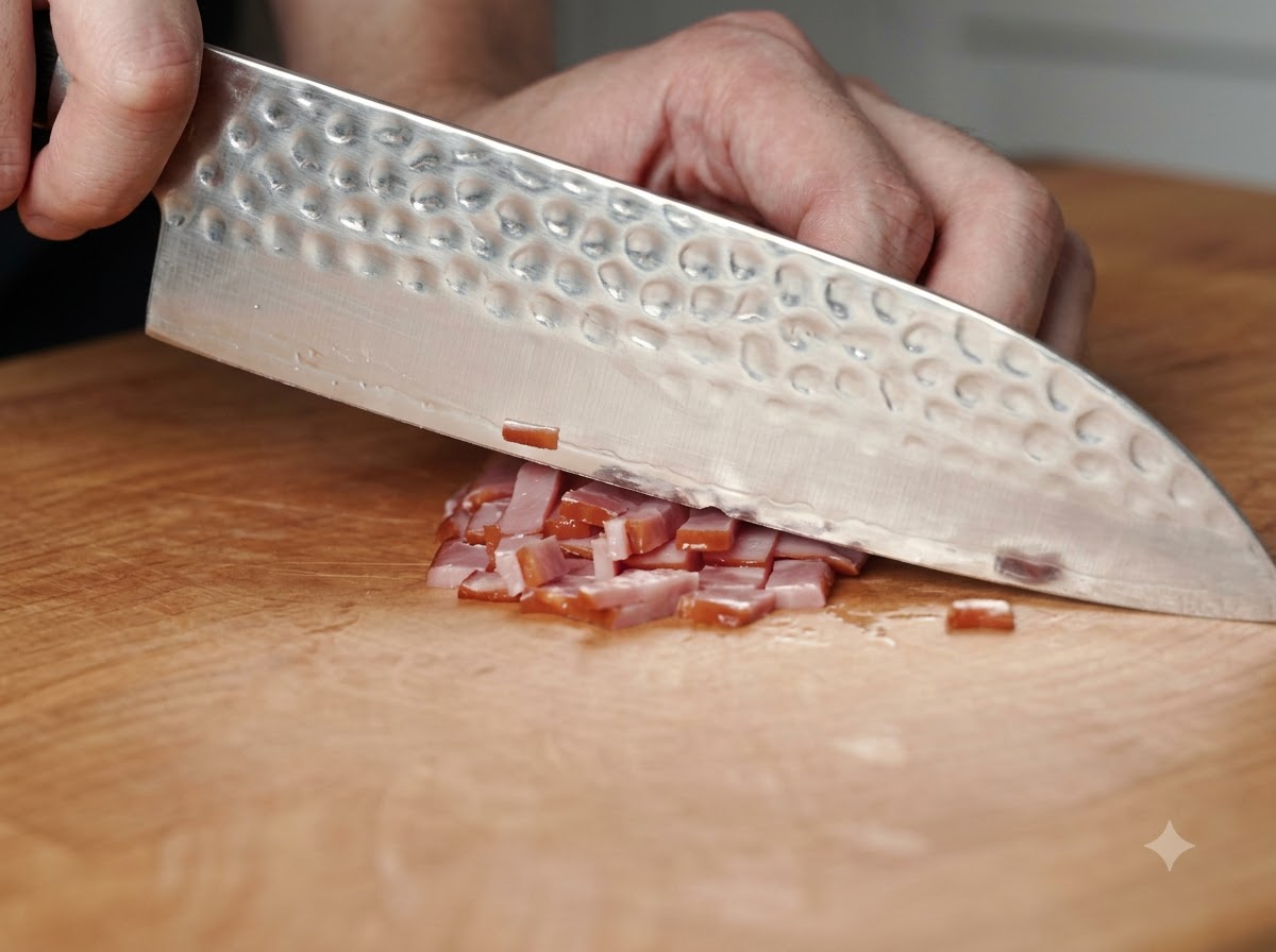 A knife slicing bacon into small pieces on a wooden cutting board.