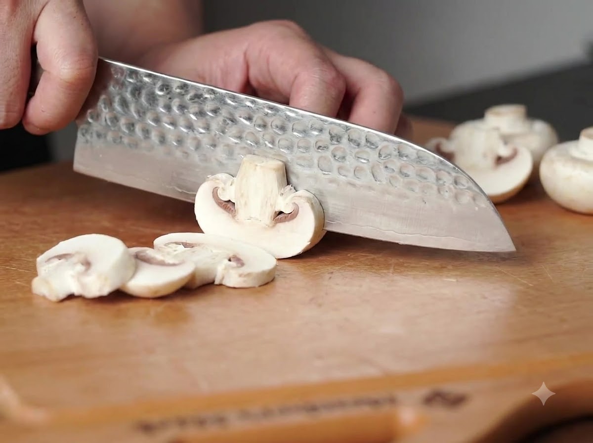 A chefs knife slicing white button mushrooms on a wooden cutting board.