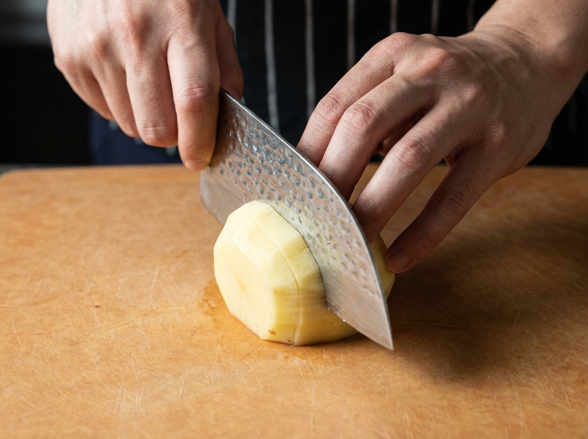 A chefs hand holding a cleaver knife to dice a peeled potato into small cubes on a wooden cutting board.