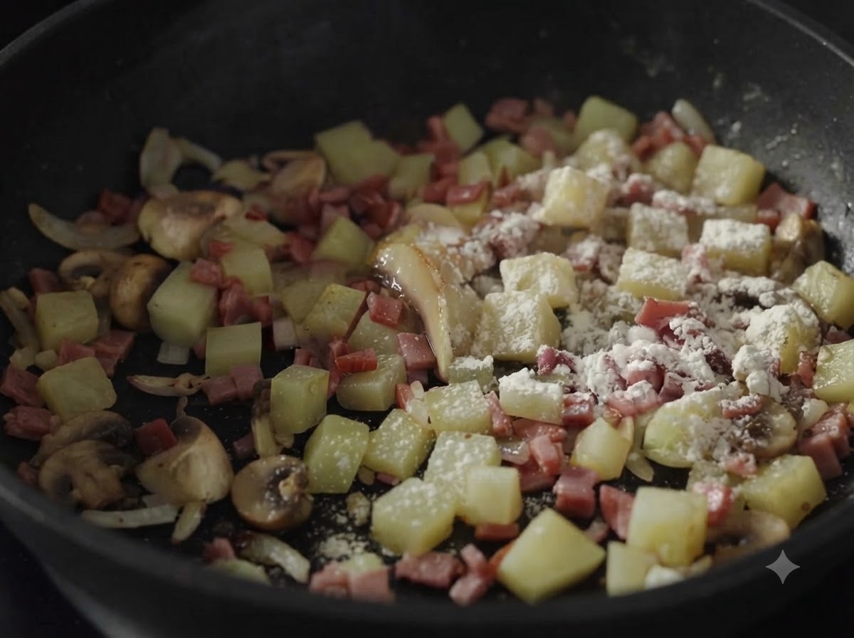 Sliced button mushrooms, diced potatoes, and scattered flour mixing with bacon and onions in a pan.