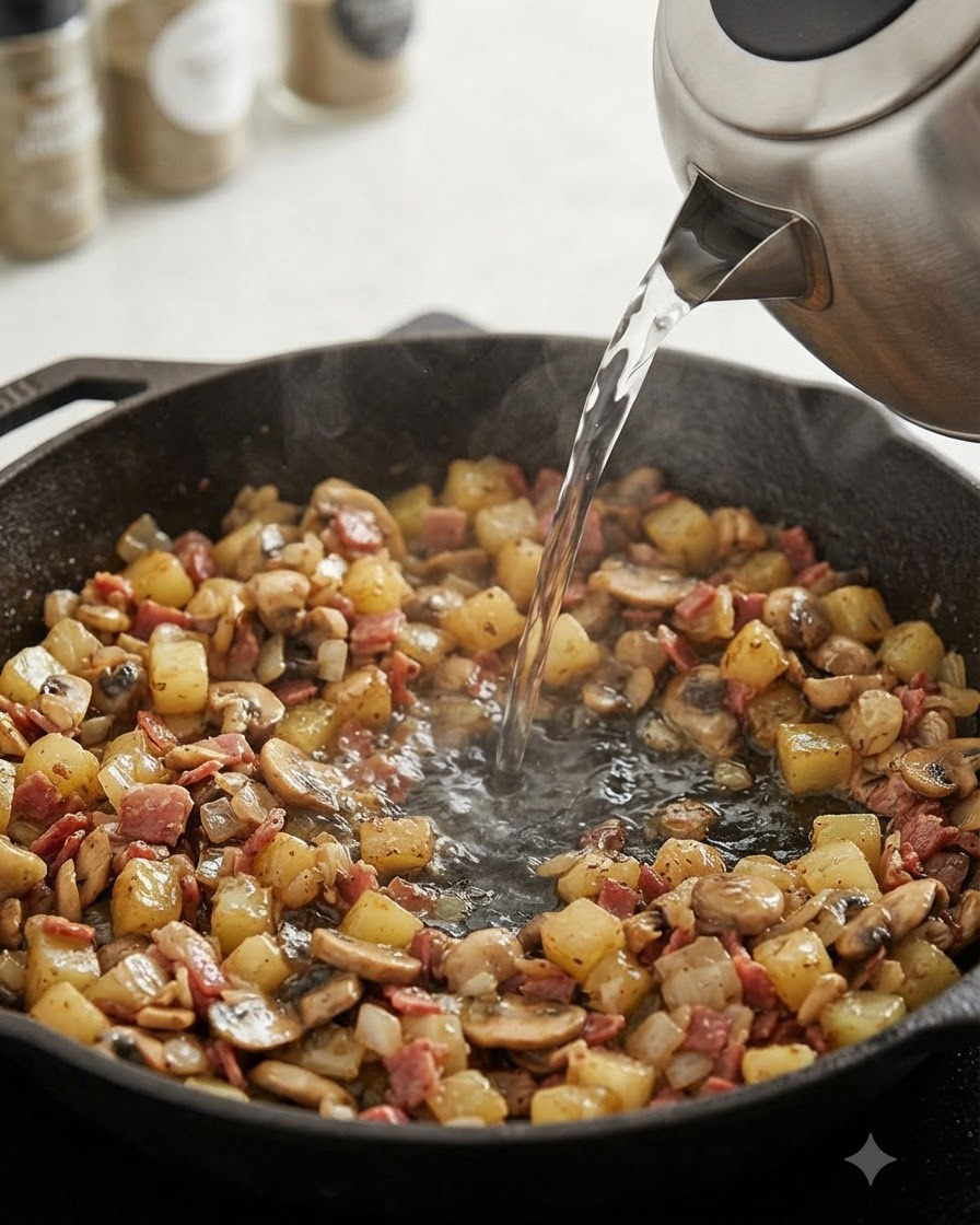 Hot water being poured from a stainless steel kettle into a pan filled with sautéed potatoes, mushrooms, and bacon.