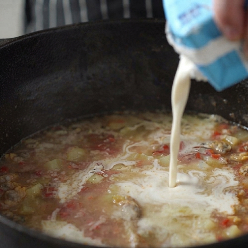Heavy cream being poured from a blue and white carton into a simmering pot of soup.