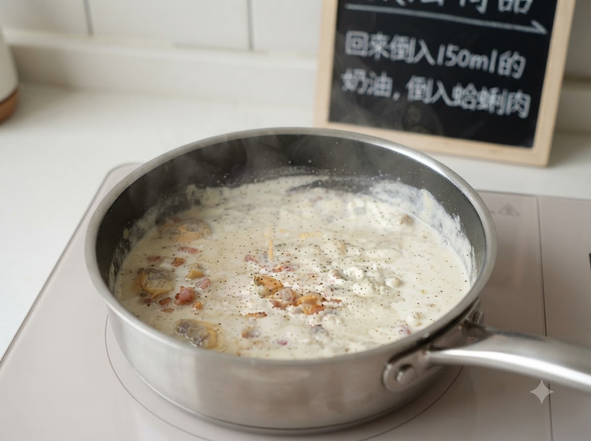 A pan containing a creamy soup mixture seasoned with black pepper, ready with added clam meat.