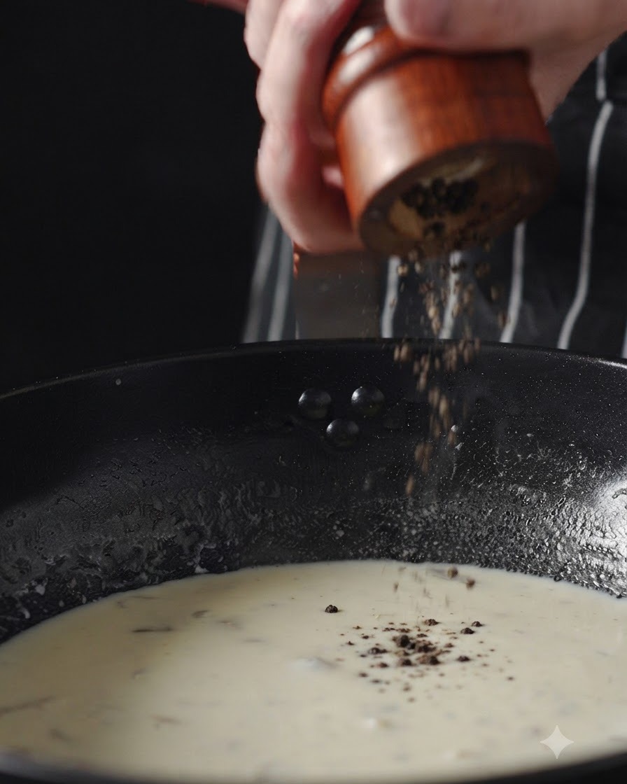 Freshly ground black pepper falling from a wooden grinder into a creamy white chowder in a black pan.