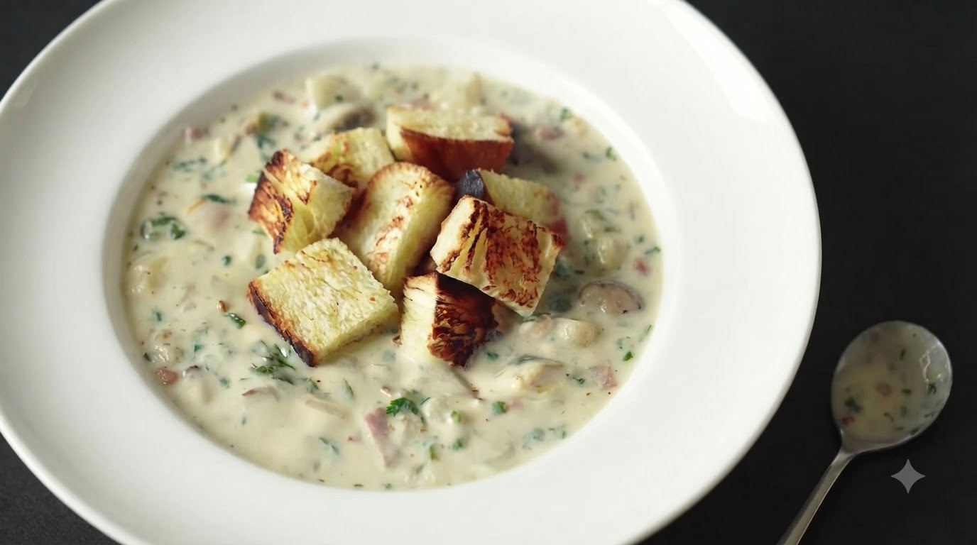 A bowl of creamy clam chowder topped with golden toasted bread cubes and fresh herbs